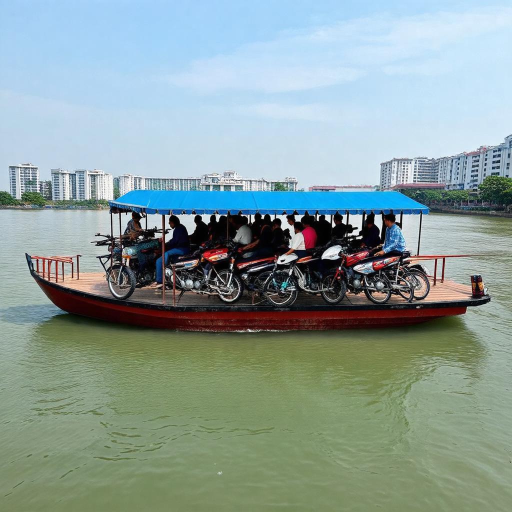 Hoạt động di chuyển nhộn nhịp trên phà Trà Ếch chở người dân và xe máy qua sông tại Kế Sách, Sóc Trăng
